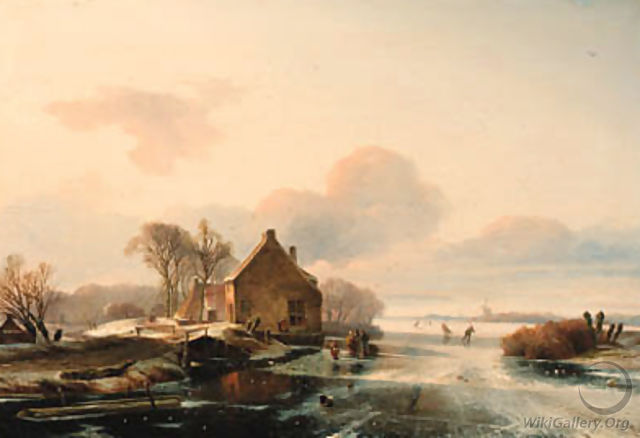 A winter landscape with skaters on a lake - Charles Henri Joseph Leickert