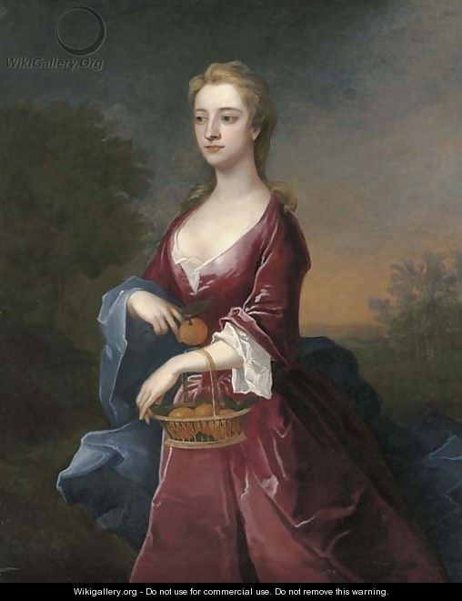 Portrait of the Hon. Mary Digby, three-quarter-length, in a maroon dress and blue wrap, holding a basket of oranges on her left arm - Charles Jervas