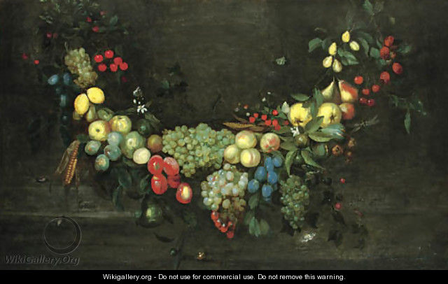 A swag of fruit hanging in a niche, with butterflies, beetles and a snail - Catharina Ykens, Eykens or Ijkens
