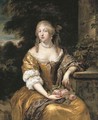 Portrait of a lady, three-quarter-length, in a gold satin gown, seated in a garden - Caspar Netscher