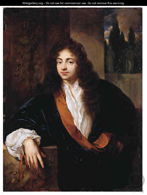 Portrait of a Gentleman, standing small half length on a balcony, wearing an orange-lined blue silk dressing-gown with lace chemise and wig, his right - Caspar Netscher