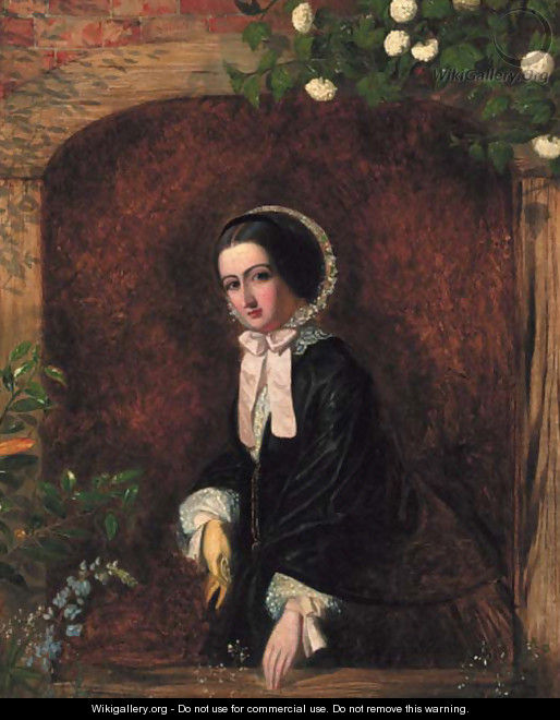 A portrait of a young woman, small three-quarter-length, in a black dress and bonnet, at a casement - Charles Baxter