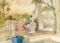 A Classical figure fishing beside a pool in an ornate garden - Cesare Felix dell' Acqua