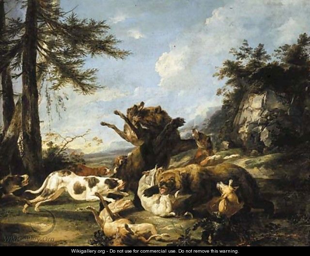 Bears and hounds fighting in a landscape - Carl Borromaus Andreas Ruthart