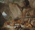 A lion and a tiger fighting over a fallen stag before a classical sarcophagus in a cave, a landscape with a pyramid beyond - Carl Borromaus Andreas Ruthart