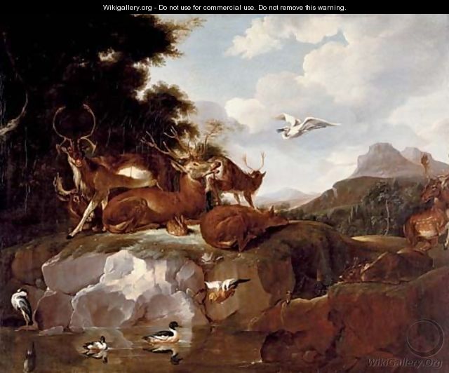 Deer, ducks, a rabbit, a spoonbill and other animals in a landscape - Carl Borromaus Andreas Ruthart