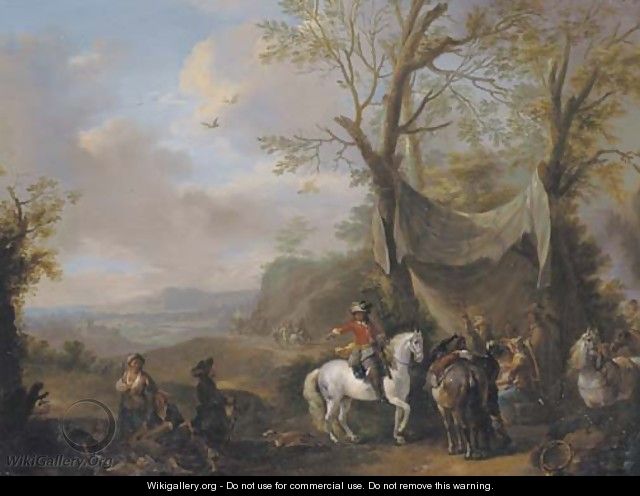 An extensive landscape with a hunting party taking refreshment under an awning - Carel van Falens or Valens