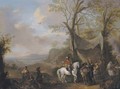 An extensive landscape with a hunting party taking refreshment under an awning - Carel van Falens or Valens