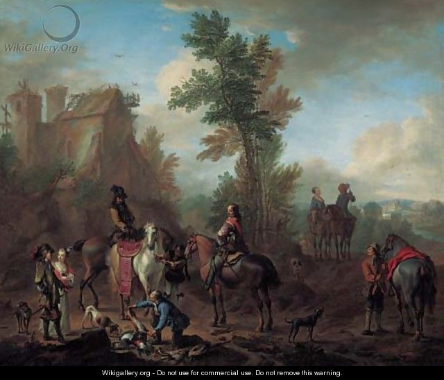 A hunting party halting after the chase - Carel van Falens or Valens