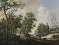A wooded landscape with travellers conversing by the edge of a forest, another traveller with his mule on a path - Carel Lodewijk Hansen