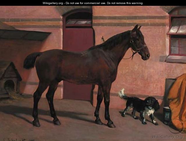 A bay hunter with a spaniel in a stable yard - Carl Suhrlandt