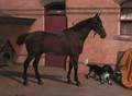 A bay hunter with a spaniel in a stable yard - Carl Suhrlandt