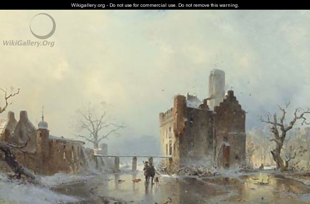 Hunters with their Dogs on a Frozen Stream by a Castle - Carl Hilgers