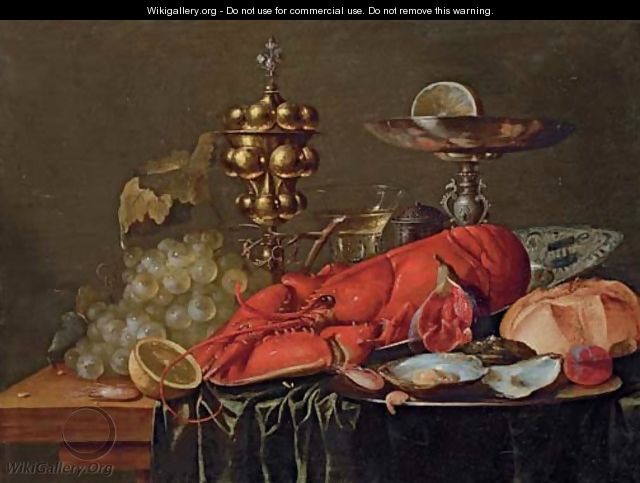 A lobster on a blue and white porcelain platter, oysters, a shrimp, a plum and a fig on a pewter plate, a bread roll, a pewter tazza, a gold stand and - Frans Luyckx