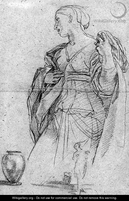 A standing female figure, a jar at her feet, with a subsidiary study of the same Study for Rebecca at the Well - Carlo Maratta or Maratti