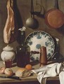 A glass bottle, a blue and white porcelain platter, a copper coffee pot, a flask, a covered jar, a tumbler of wine, a knife, bread - Carlo Magini