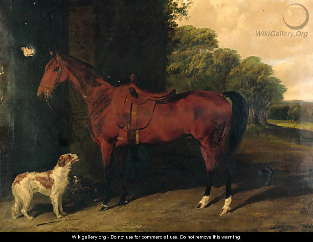 A Saddled bay Hunter, with dogs outside a stable - Byron Webb