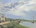 Chemin au bord de l'Oise avec peniche, barque, remorqueur, Pontoise - Camille Pissarro