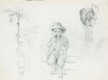 A seated boy eating, with studies of horses, palm trees and another figure - Camille Pissarro