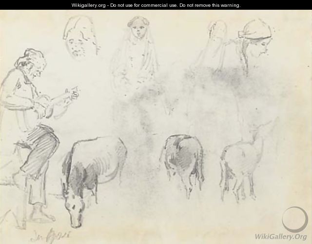 A man in profile to the left playing a guitar, studies of the heads of four women and three horses, San Jose - Camille Pissarro