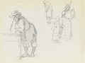 A man in profile leaning to the left, with studies of a woman with a vase on her head holding a baby, a child and a woman in profile to the left - Camille Pissarro