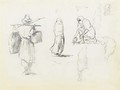 A man carrying two bags on a pole across his shoulders, and studies of women seen from behind and bending down - Camille Pissarro