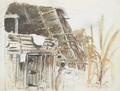 A hut with two women and a dog in the foreground, Galipan - Camille Pissarro