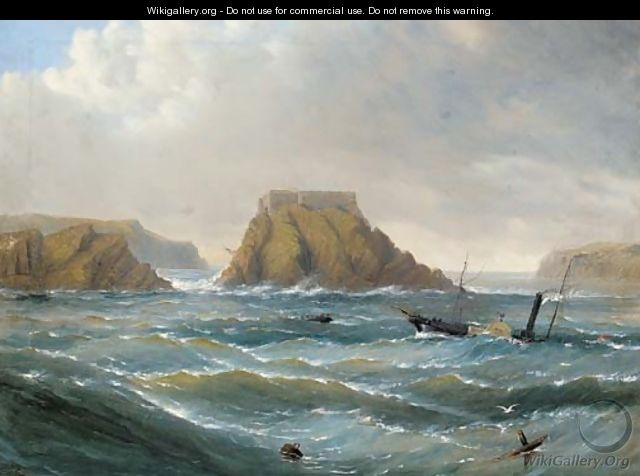 A paddle steamer in a heavy swell off a fortified rocky outcrop - Capt. John Haughton Forrest