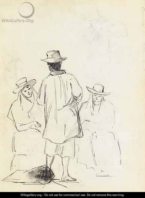 Two seated women conversing with a man seen from behind, with a study of a man carrying a bag, in profile to the left - Camille Pissarro