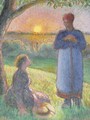 Paysannes causant, soleil couchant, Eragny - Camille Pissarro