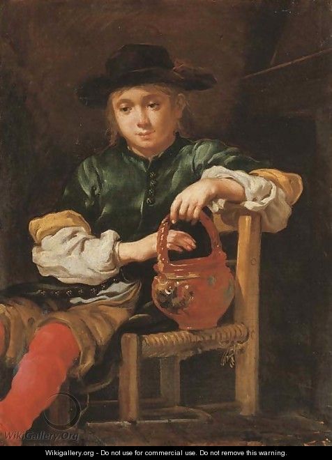 A boy seated holding a red pot with his left hand - Bernardo Keilhau