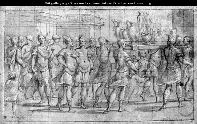 A classical Procession with Dignitaries and Soldiers carrying a Litter of Trophies - Bernardo Castello