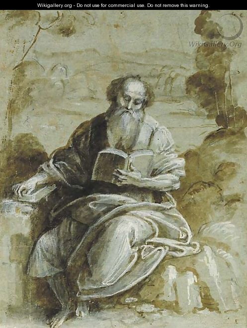 An Evangelist seated in a wooded landscape - Bernardino Lanino