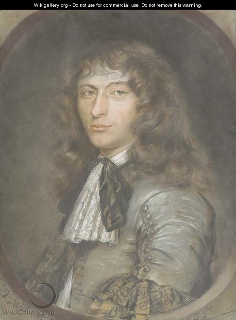 Portrait of a young gentleman, half-length, in a grey costume with lace jabot and black ribbon, in a feigned oval - Bernard Vaillant