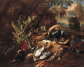 A hunting still life with a hare, a mallard and songbirds in a landscape - Bernaert De Bridt