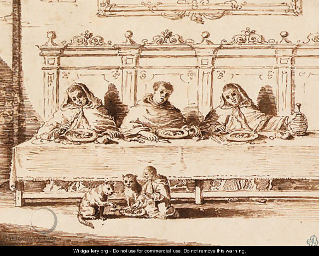 Three monks at a refectory with a dwarf feeding cats - Bolognese School