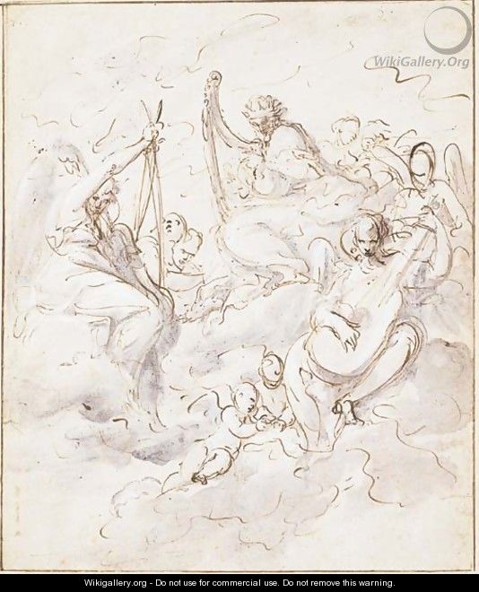 King David with musical angels among clouds - Bolognese School