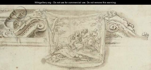Bacchus drinking wine among cupids and bacchantes Design for a trompe l