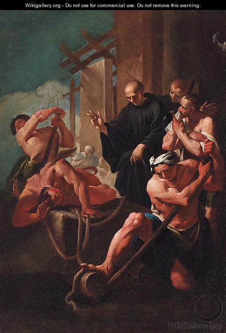 A male Saint exorcising a demon - Bolognese School