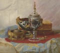 A Still Life with a Lady's Gold Box, a crystal Chalice and other Objects on a draped marble Table - Blaise Alexandre Desgoffe