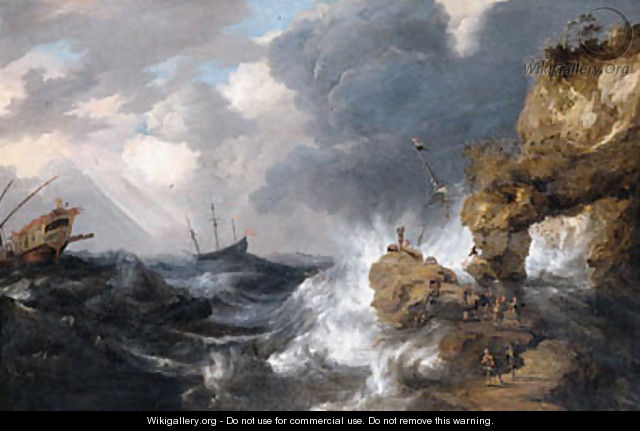 A whaler shipwrecked off a rocky coast in a gale, with a whale rising in the sea, other shipping and survivors on an outcrop in the foreground - Bonaventura, the Elder Peeters