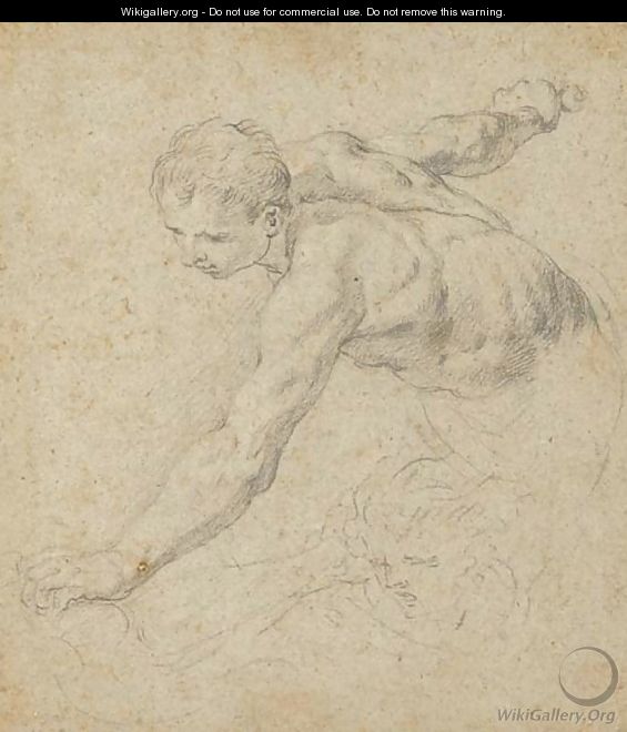 A nude, half-length, reaching down to the left, with a subsidiary study of a head - Bolognese School