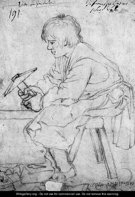 A young stone-cutter seated on a stool on profile to the left - Bolognese School