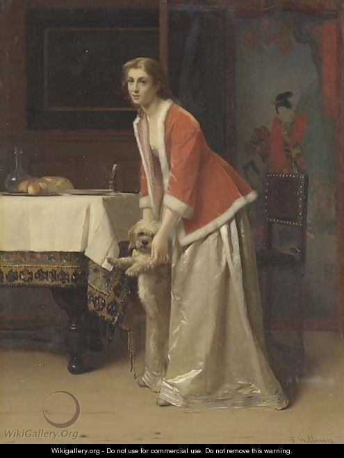 An Elegant Lady with her Dog in an Interior - Florent Willems