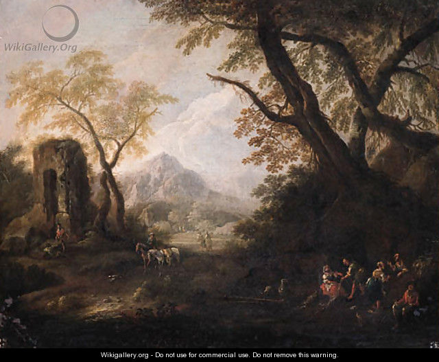 Gypsies on a river-bank in an Italianate landscape - (after) Francesco Zuccarelli