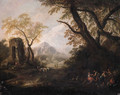 Gypsies on a river-bank in an Italianate landscape - (after) Francesco Zuccarelli