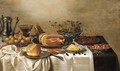 A pewter jug, a Berkemeyer, pears, peas and gooseberries, white currants, fraises-de-bois and butter in Wan-Li porcelain dishes, a leg of ham - Floris Gerritsz. van Schooten