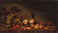Grapes, plums, medlars, cherries, assorted berries and peas on a draped table - Floris Gerritsz. van Schooten