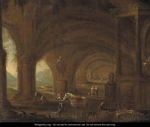 A traveller among classical ruins in a grotto - (after) Abraham Van Cuylenborgh