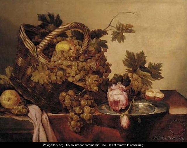 A basket of grapes and apples, with roses and a pewter plate on a table - (after) Abraham Hendrickz Van Beyeren